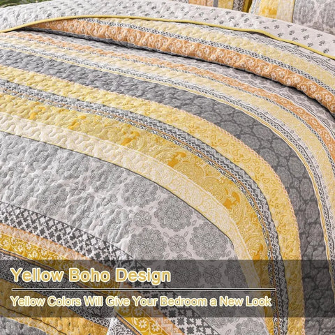 Boho Quilt Set , Yellow Bohemian 3 Pieces Quilt Sets, Lightweight Microfiber Bedspread Coverlet Bedding Set for All Season