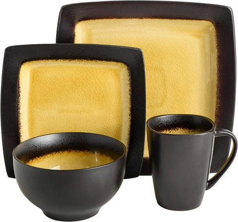 Square Reactive Glaze Stoneware Dinnerware Set, Service for 4 (16pcs),  Set Vaisselle Complet， Dishes and Plates Sets