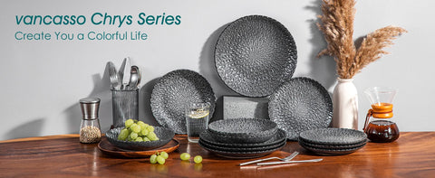 VANCASSO Chrys Grey Dinnerware Ceramic12/24 Piece Stoneware Dinnerware Textured Ceramic Combination Set Service for 6/12 Person