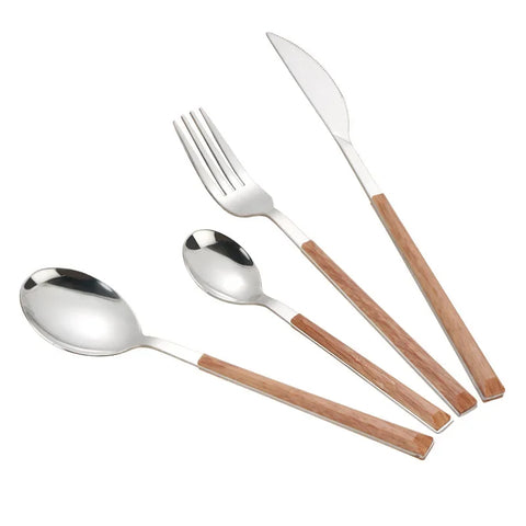 4Pcs 304 Stainless Steel Dinnerware Sets Glossy Silver Wooden Tableware Western Food Knife Fork Teaspoon Cutleries