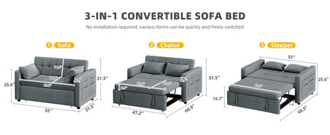 Sofa Bed, 55-Inch, Convertible Sofas Bed, 3-in-1 Combo, Velvet Futon with Tiltable Back and Side Pockets, Sofa Sleeper