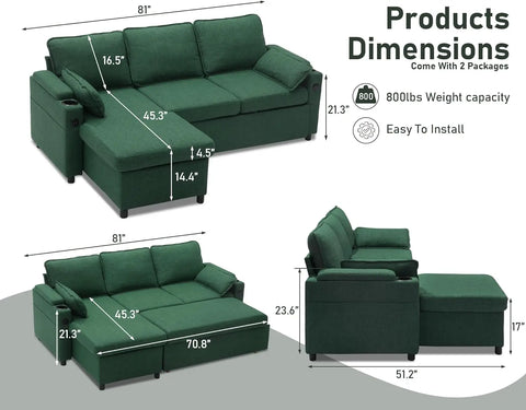 Sofa Bed Pull Out 2 in 1 Sectional Sleeper Couches w/ Storage,USB,Cup Holder,Pullout Sectional Couches for Apartment Living Room