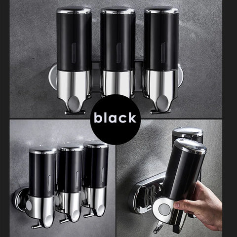 Black 3*single Wall Soap Dispenser ABS Material Chamber Wall Mounted Lid Lock Shower Pump Container 24x8x7.5cm W/Visual Window