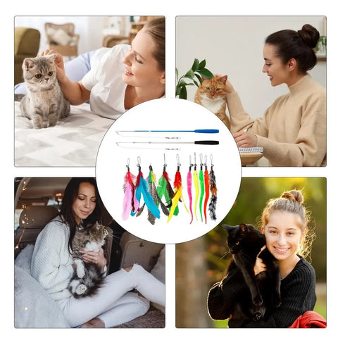 Cat Feather Teaser Wand Toys Fish Teaser Cat Toy Caterpillar & Feather Heads Cat Catcher Teaser Stick Fishing Pole Toy For