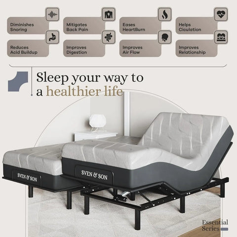 Adjustable Bed Base (Frame) + 14 inch Hybrid Spring Matt (Medium Soft), Easy Assembly, Head and Foot Lift, Memory Positions