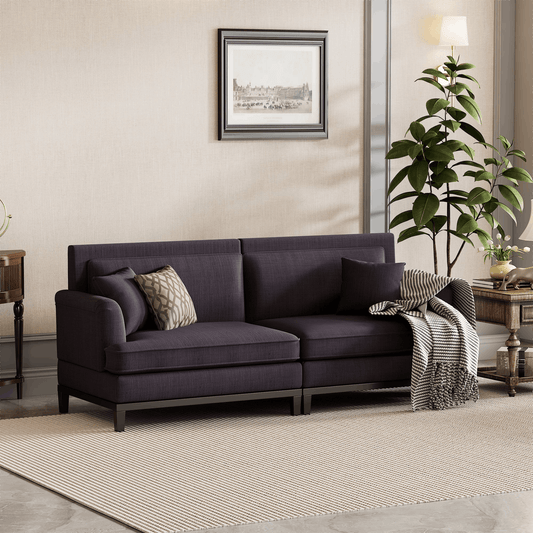 Upholstered Country Style Sofa with Wooden Legs and Two Throw Pillows