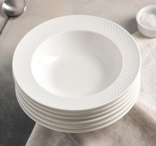 White Porcelain Deep Plate With Embossed Wide Rim 9" inch | For soup,