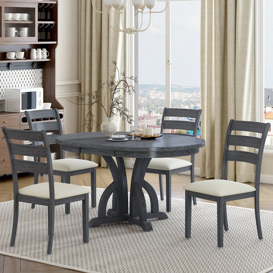 5-Piece Farmhouse Round Pedestal Extending Dining Table Set Extendable