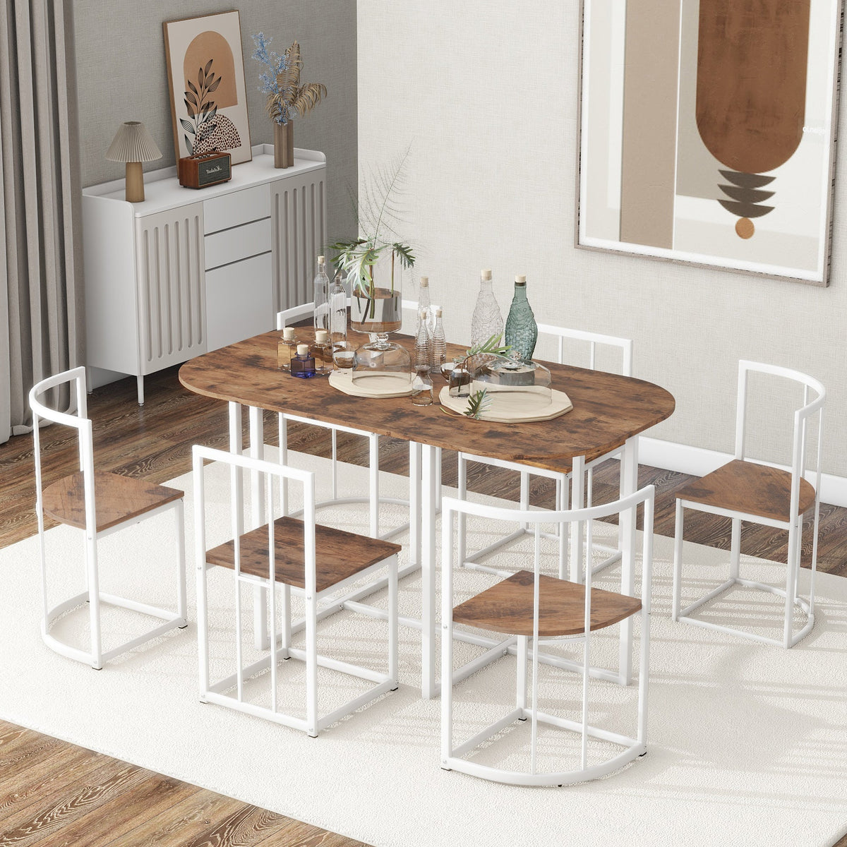 Modern 7-Piece Dining Table Set with Faux Marble Compact 55Inch