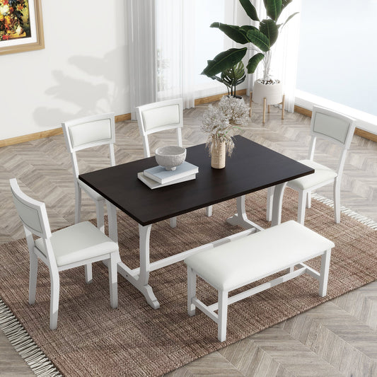 Farmhouse 6-Piece Trestle Dining Table Set with Upholstered Dining