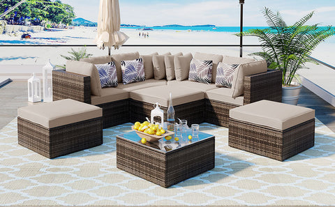 8-piece Outdoor Wicker Sofa Set, Rattan Sofa Lounger, With Colorful