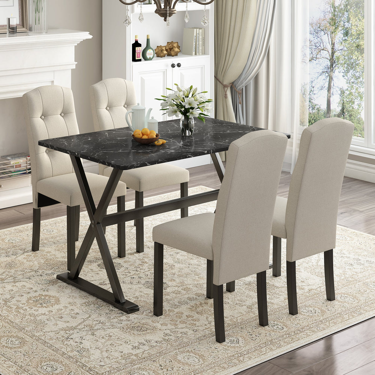 Solid Wood 5-Piece Dining Table Set with Faux Marble Tabletop and