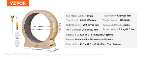 VEVOR Cat Exercise Wheel Natural Wood Silent Running Toy Treadmill Roller Wheel with Detachable Carpet for Most Cats Pet Fitness