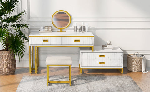 Vanity Table With Movable Side Cabinet and 4-Drawers, Dressing Table With Mirror