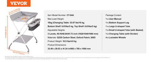 VEVOR Baby Changing Table Folding Diaper Changing Station with Lockable Wheels 3-level Adjustable Heights for Newborns & Infant