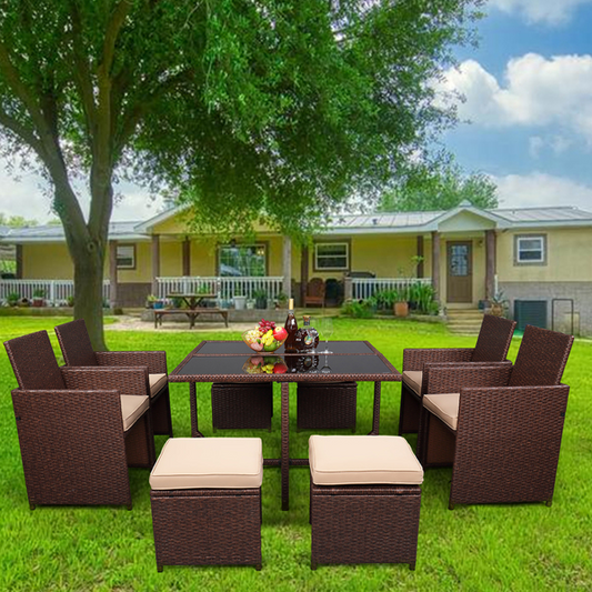 9 Pieces Wood Grain PE Wicker Rattan Dining Patio Furniture Set