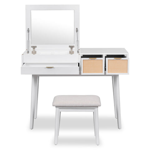 43.3" Classic Wood Makeup Vanity Set with Flip-top Mirror and Stool,