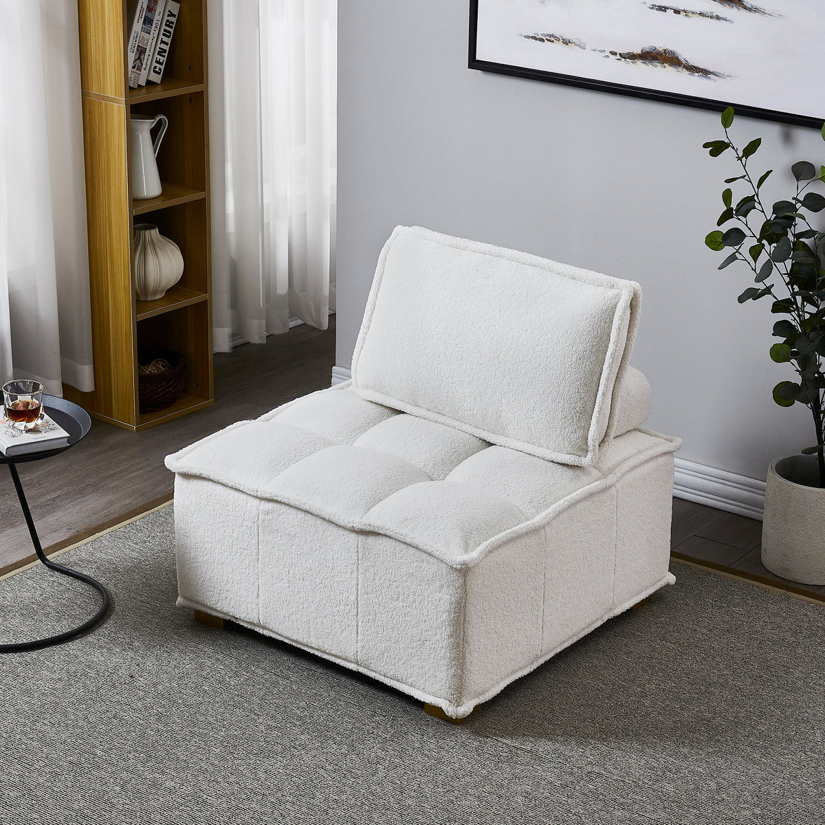 Lazy sofa ottoman with gold wooden legs teddy fabric (White)