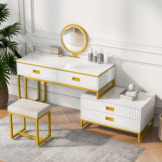 Vanity Table With Movable Side Cabinet and 4-Drawers, Dressing Table With Mirror