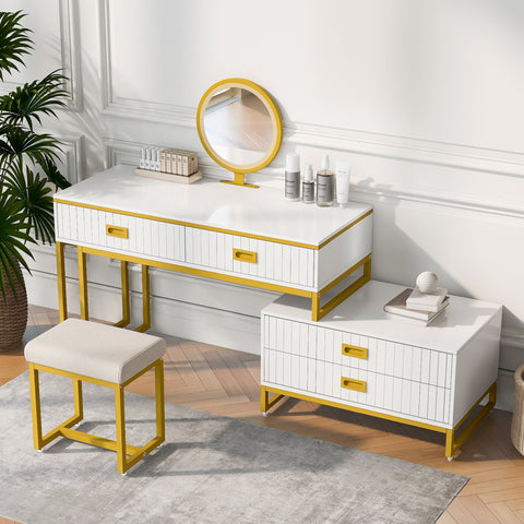 Vanity Table With Movable Side Cabinet and 4-Drawers, Dressing Table With Mirror