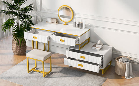 Vanity Table With Movable Side Cabinet and 4-Drawers, Dressing Table With Mirror