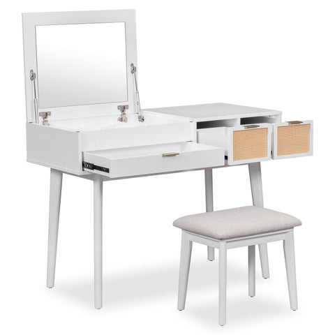 43.3" Classic Wood Makeup Vanity Set with Flip-top Mirror and Stool,