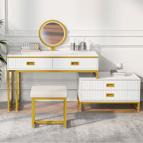 Vanity Table With Movable Side Cabinet and 4-Drawers, Dressing Table With Mirror