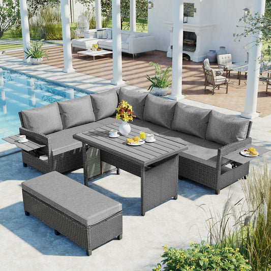 5-Piece Outdoor Patio Rattan Sofa Set, Sectional PE Wicker L-Shaped