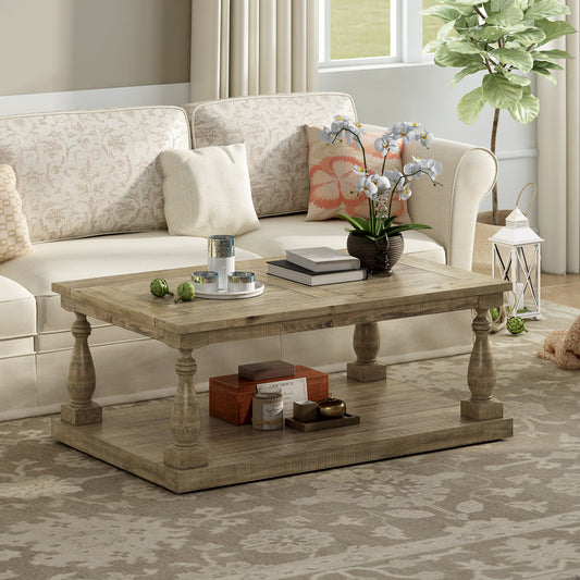 Rustic Floor Shelf Coffee Table with Storage,Solid Pine Wood