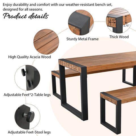 3-pieces Outdoor Dining Table With 2 Benches, Patio Dining Set With