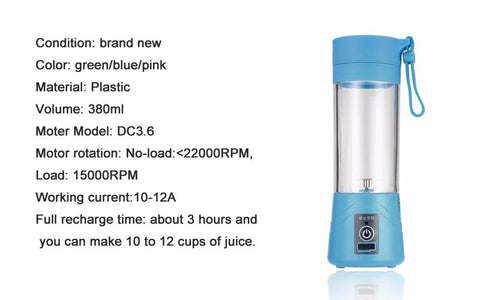 Portable Smoothie Blender, 380ml Juicer Bottle, USB Rechargeable, For